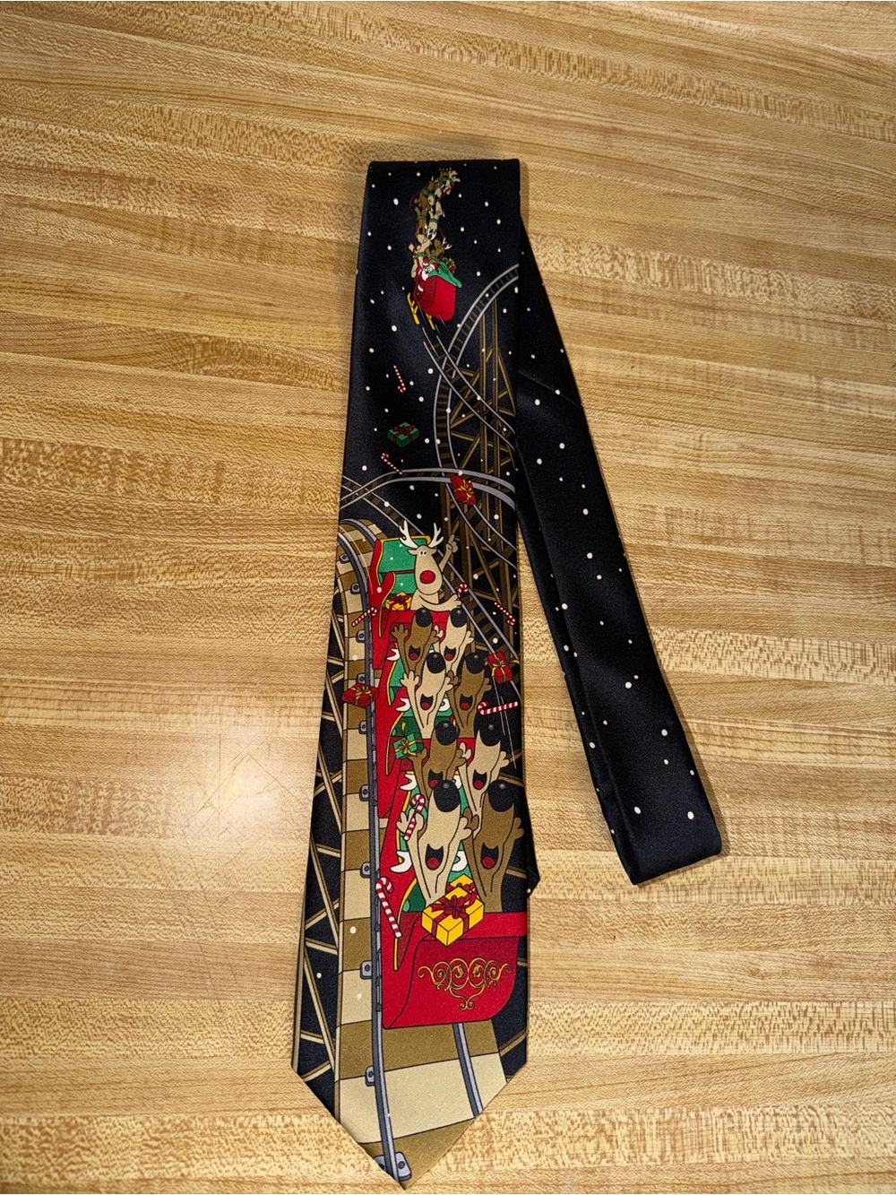 Festive Reindeer Roller Coaster Tie - Black & Red Holiday Print Christmas Noel - Picture 2 of 6